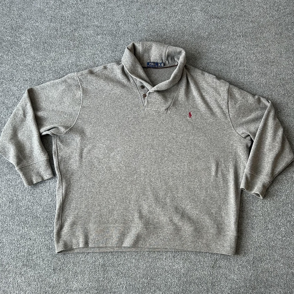 Polo Ralph Lauren Sweatshirt Mens Big 3X Gray Button Mock Neck Pullover Logo